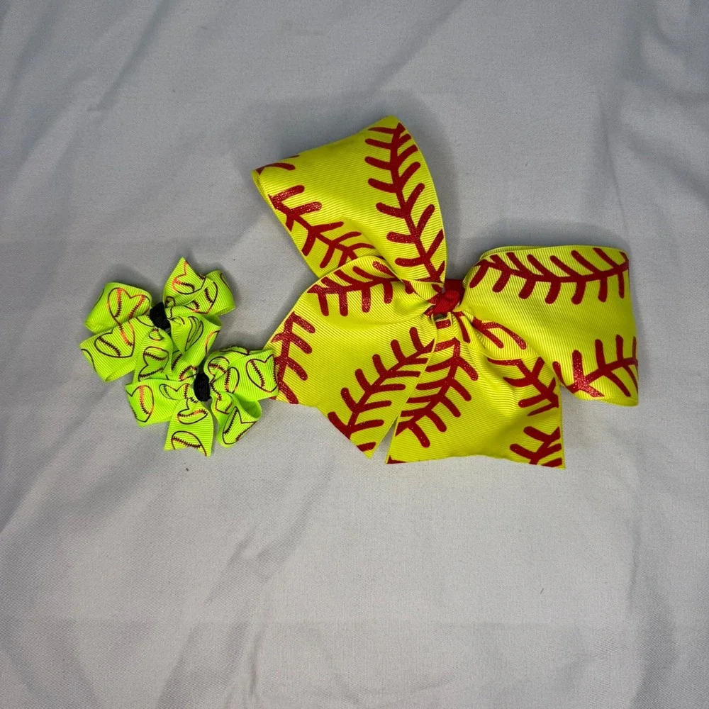 Softball Hair Bow Set Large Yellow Cheer Bow and 2 Green Heart Pigtail Clips